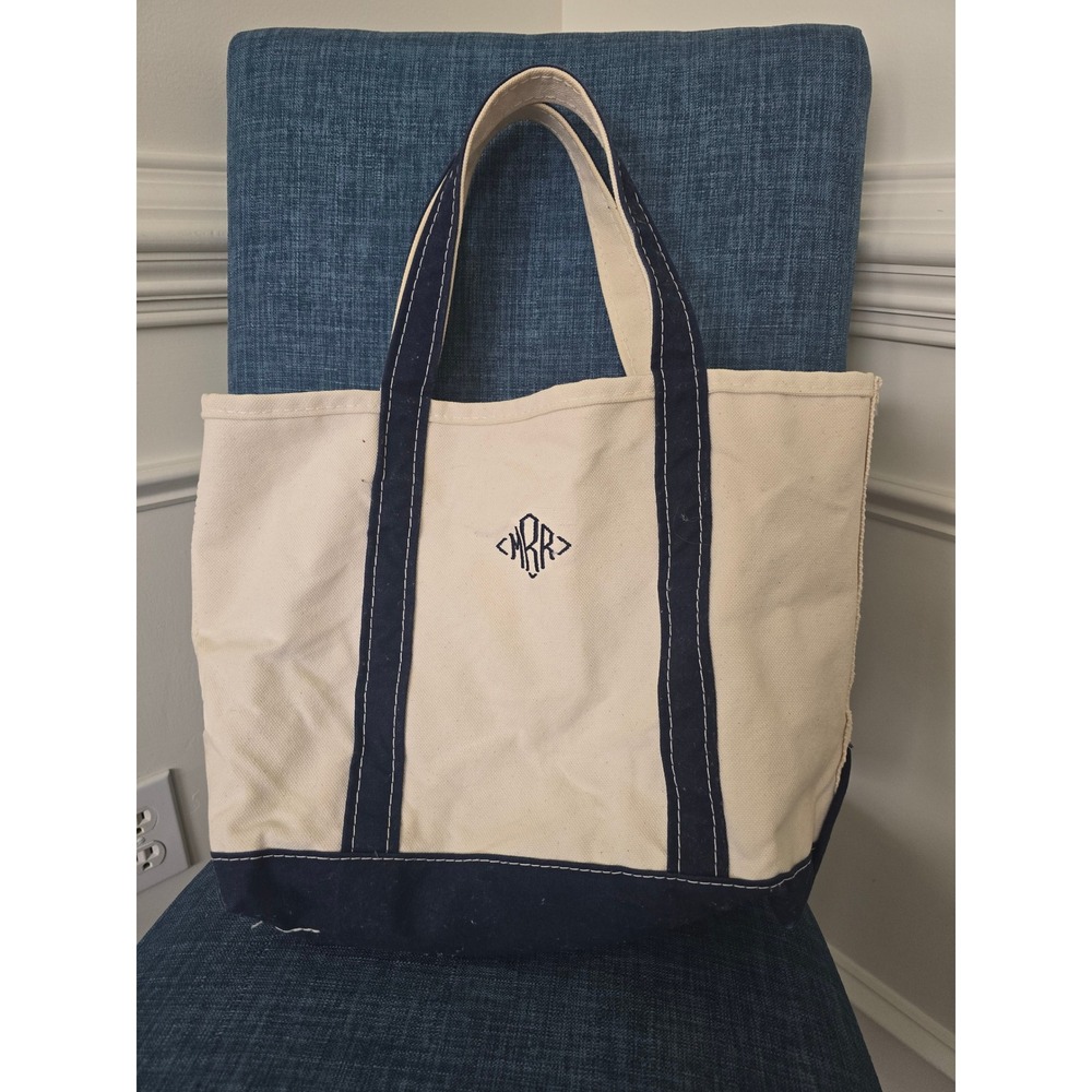 LL Bean Boat and‎ Tote Bag Navy Blue Monogram MRR Canvas Medium Open Top Tote